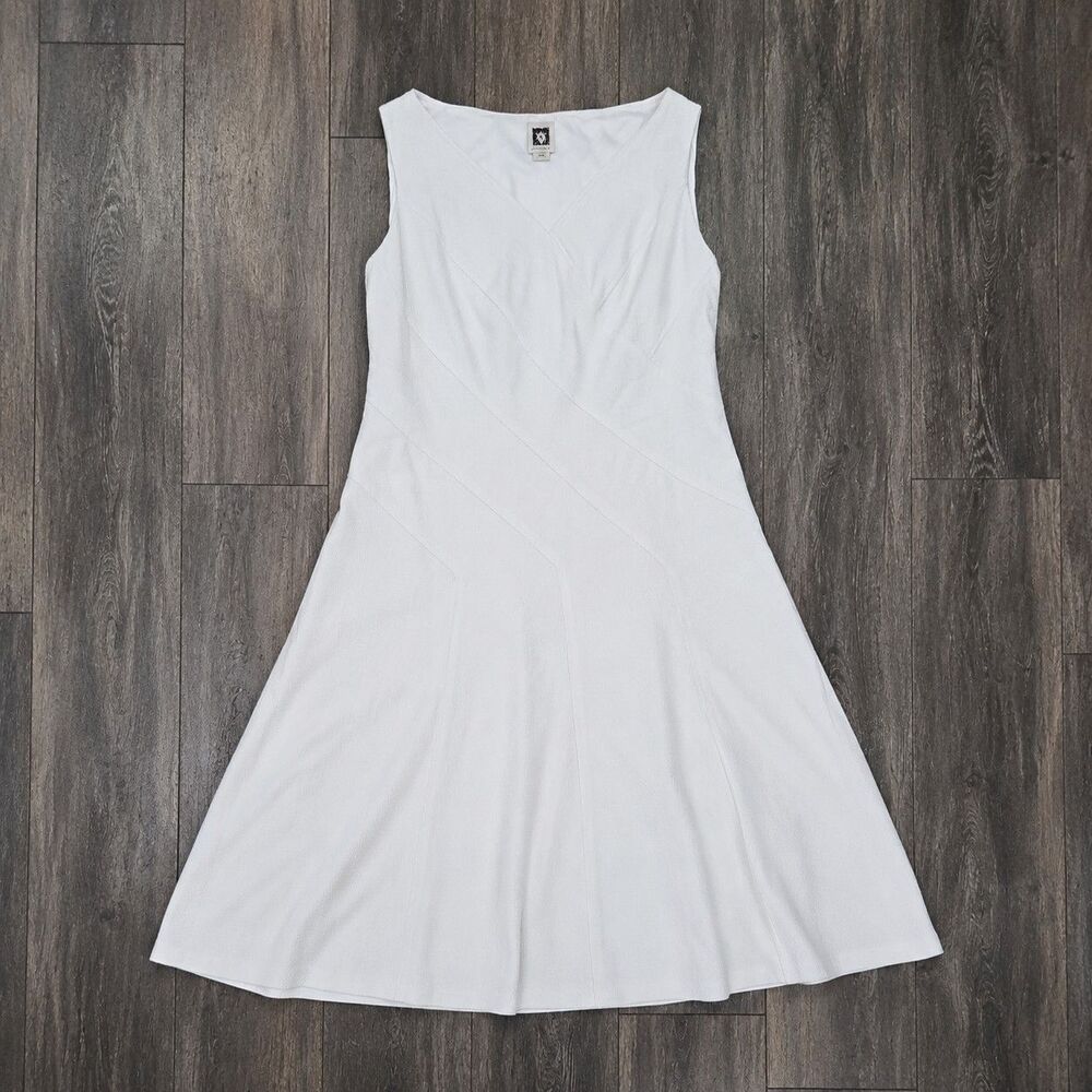 Anne Klein Women's Size 14 White Textured Sleeveless V-Neck Fit Flare Midi Dress